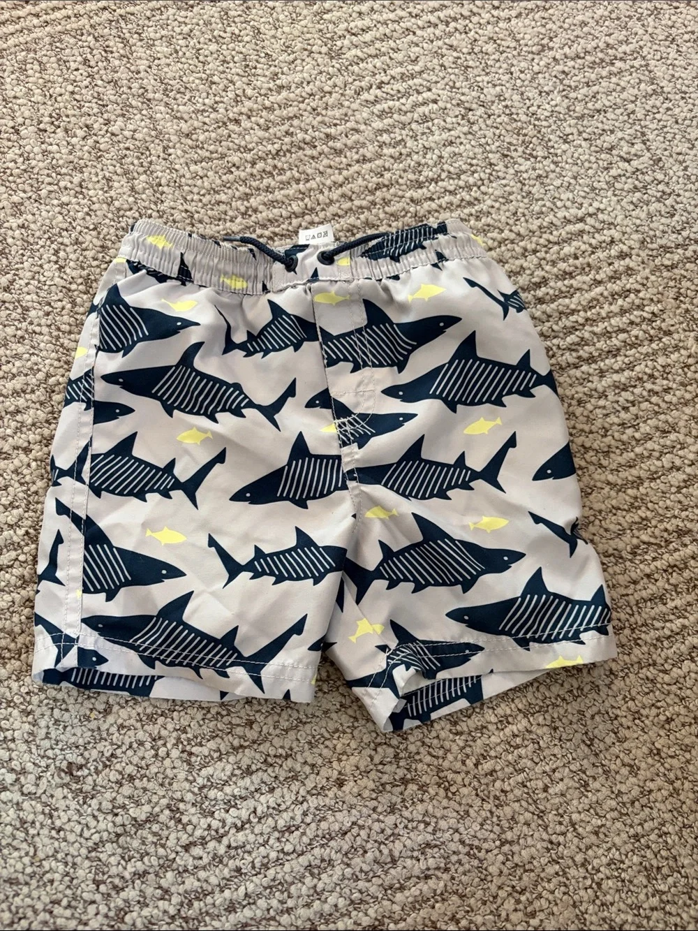 Tea Collection Boys Navy and Light Gray Shark Print Swim Trunks